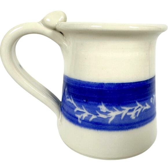 Hand Crafted Pottery Round Coffee Mug with Floral Blue Band-Comfy Handle-Mint! - Picture 3 of 6